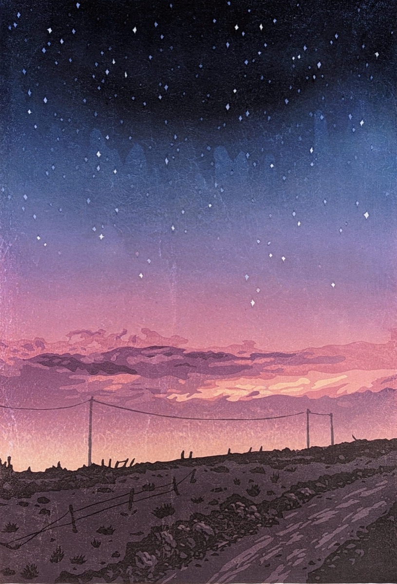 A dirt track running out beneath a vast field of stars, the last band of sunset still burning pink along the horizon behind a line of poles.