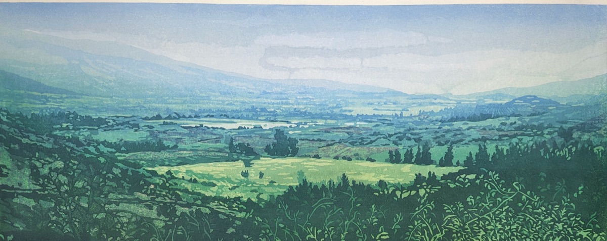 A long panorama over a green valley from a ridge of dark scrub, orchards and fields receding into blue haze beneath distant mountains.