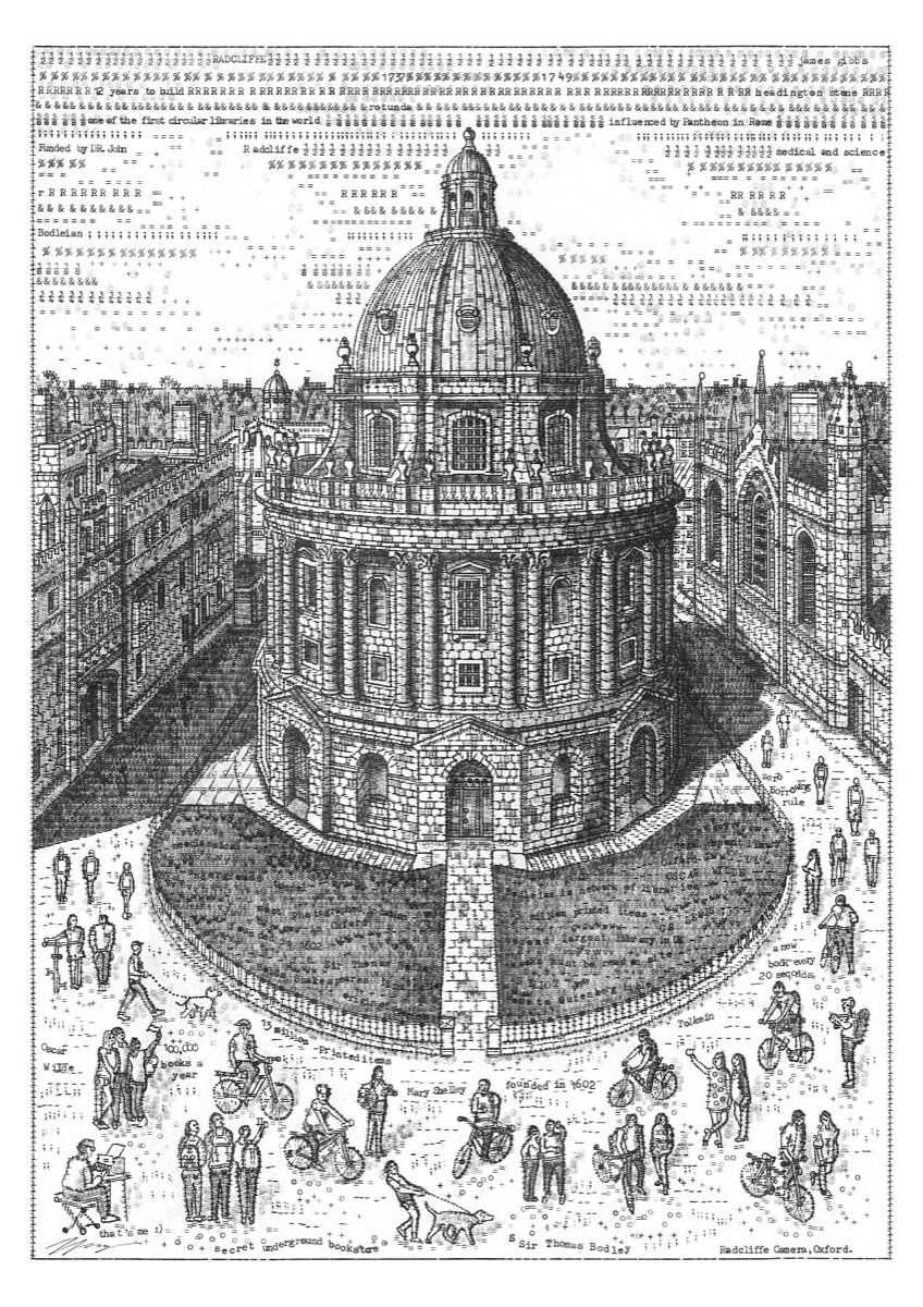 The Radcliffe Camera in Oxford, dome, columns and cobbles all built from typed characters, with cyclists and passers-by circling the rotunda below.
