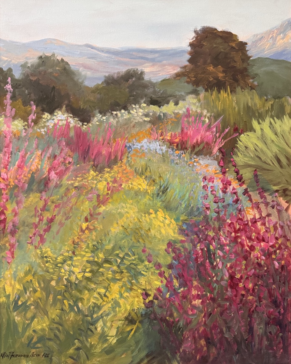 A hillside of foxgloves and wild color running down to a valley of blue ridges, with a single copper-leaved tree on the skyline. Signed lower left.