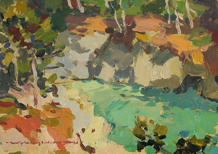 A steep bank of cypress and scrub dropping to the jade water of the cove, painted on location in loose, blocky strokes.