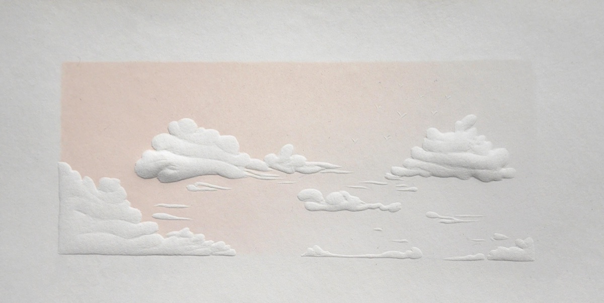 Banks of cumulus raised out of the paper with no ink, drifting across a low rectangle of blush-pink sky with a few tiny birds pressed into it; the clouds themselves are only the white of the sheet, read by their shadows.