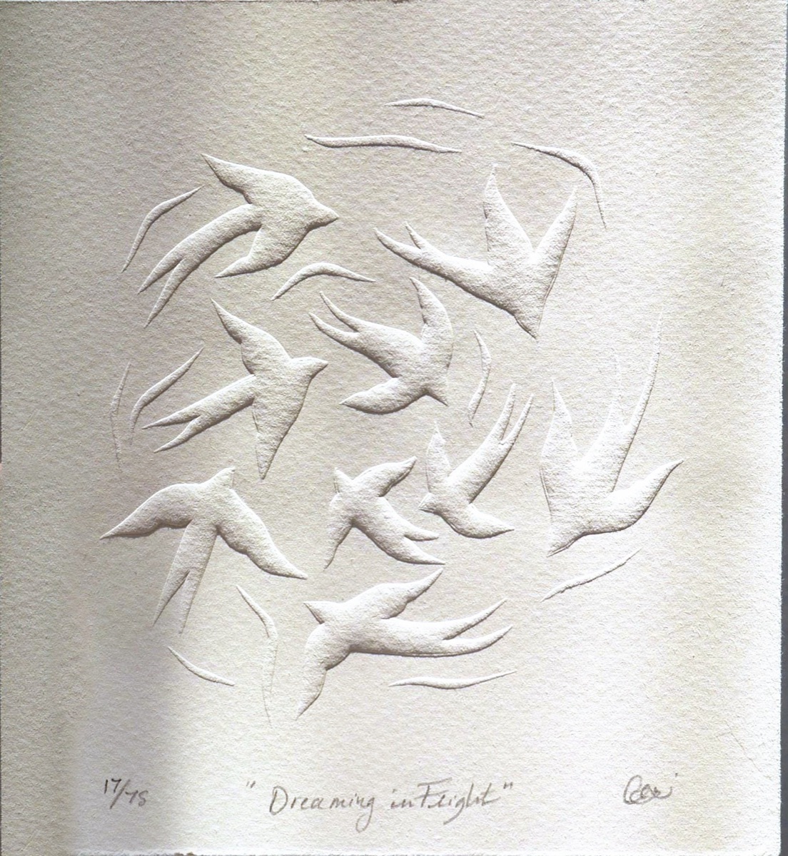 A flock of swifts wheeling in a loose ring, each bird lifted from soft grey paper without ink and trailed by fine curved lines of wake; signed, titled and numbered in pencil below. Swifts can sleep on the wing, which is what the title is about.