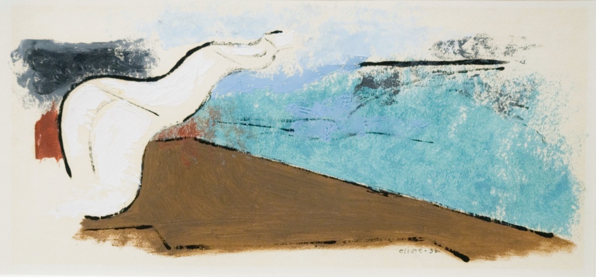 A swimmer in white leaping from a poolside deck into turquoise water. Signed lower right and dated 1936; shown in OFFBEAT: A Salon in Celebration of Beatrice Wood in 2024.