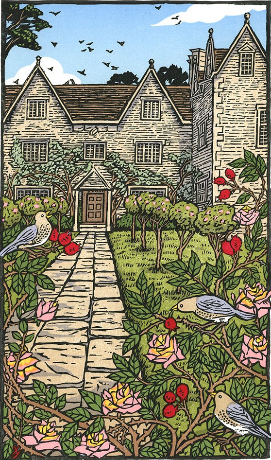William Morris’s house at Kelmscott seen down its flagstone path, gables and mullions behind a tangle of roses with birds settled in it.