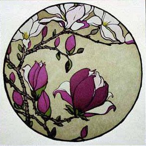 Magnolia branches in bud and full bloom, deep wine and cream against a sage ground, the whole composition held inside a circle.