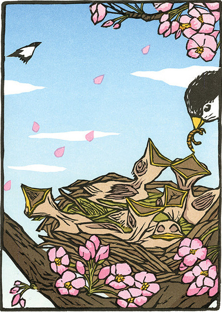 A bird leaning into a nest of open beaks under a flowering branch, petals falling through a pale blue sky.