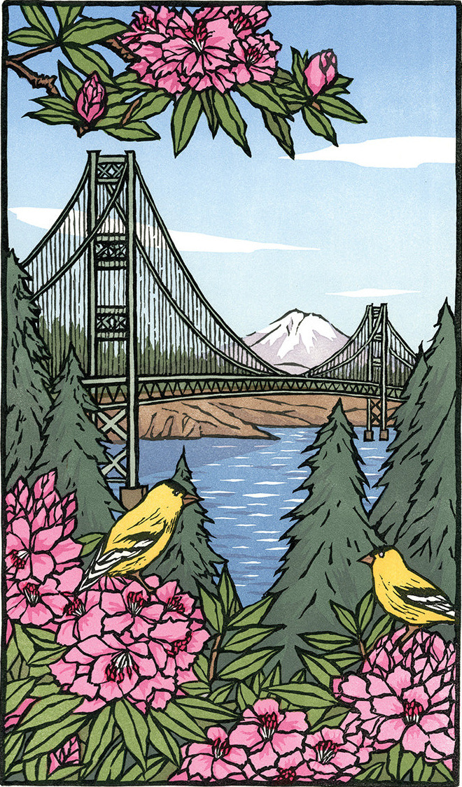 The Tacoma Narrows Bridge spanning the water toward Gig Harbor, Mount Rainier behind it, framed by rhododendron and two goldfinches.